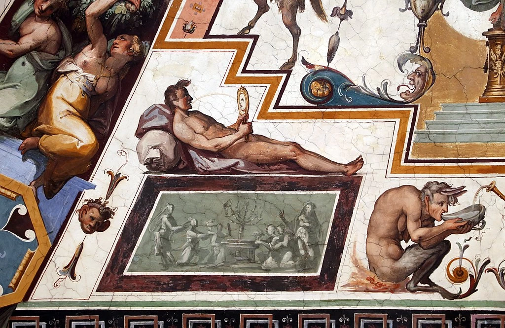 333-grottesche della volta del corridoio di levante. Felicità con Piacere onesto e Piacere disonesto - Galleria degli Uffizi, Firenze